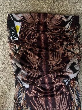 AFRM Strapless Ruched Dress in Brown & Cream Baroque